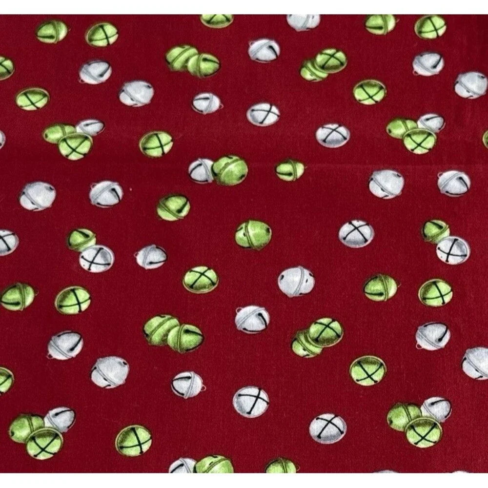 Christmas Jingle Bells Maroon Fabric Green Silver Bells Quilt Cotton Xmas 52